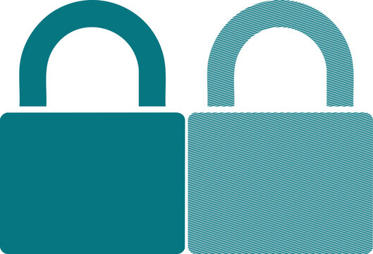 Two teal padlock icons, one solid and one with diagonal line pattern on white back