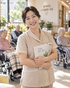 Compassionate Caregiver with Elderly Residents: A smiling female caregiver holds a book, standing in front of happy elderly residents in wheelchairs at a care facility, representing care and comfort.