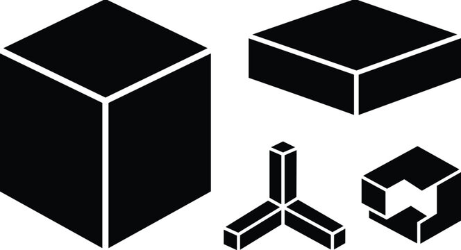 Geometric isometric block vector icon set featuring three dimensional solid cube slab corner axis and modular segment shapes