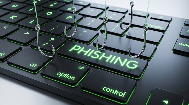 Phishing cyber attack concept with metal fishing hooks on a computer keyboard