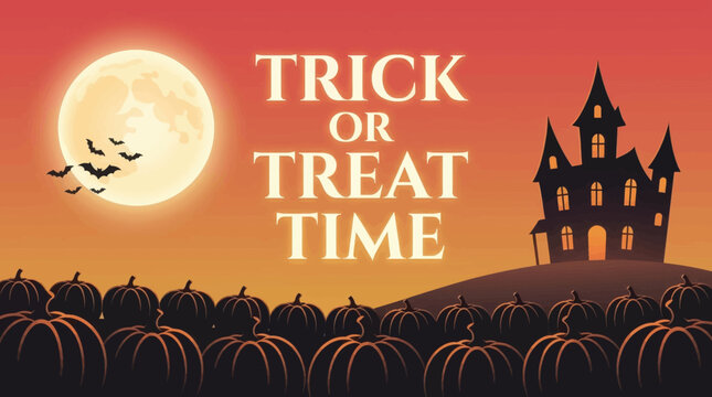 Spooky vector illustration featuring vibrant orange gradients with festive pumpkins, a haunted mansion, bats, and bright glowing moonlight typography
