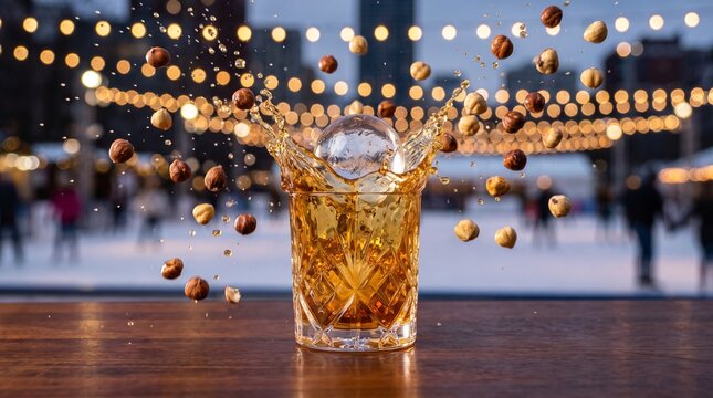 Hazelnut liqueur splashing from the glass in a Christmas setting.