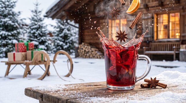 Star anise falling into Gl&uuml;hwein with a Christmas atmosphere.