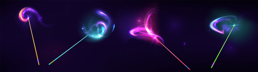 Obraz premium Magic wands with glowing colored light trails and sparkles, glowing fairy tale effects on dark background. Purple swirles, glitter particles and mystical shimmer. Isolated vector illustrations