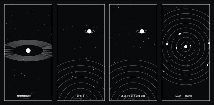 Minimalist celestial poster design featuring planetary orbit illustrations and cosmic space motifs in a modern monochrome aesthetic