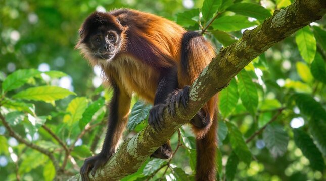 AI generated spider monkey with golden fur sitting on a mossy branch in a tropical jungle

