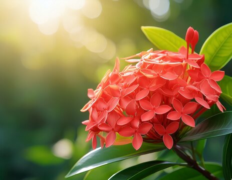 ixora flower with green leaf on nature backgrounds