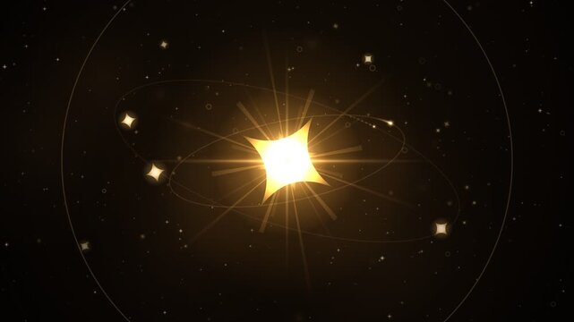 Golden Glowing Star And Orbiting Rings In Cosmic Space Animation
