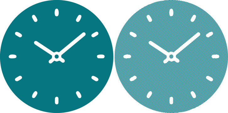 Two teal clock faces, one solid and one with diagonal line texture, white hands, icon time