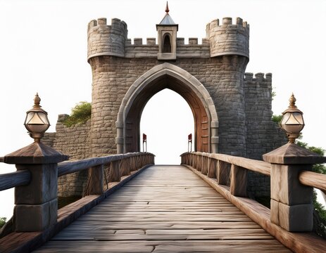isolated cutout of a medieval bridge leading to a huge gate on a white background ideal for photobashing matte painting concept art
