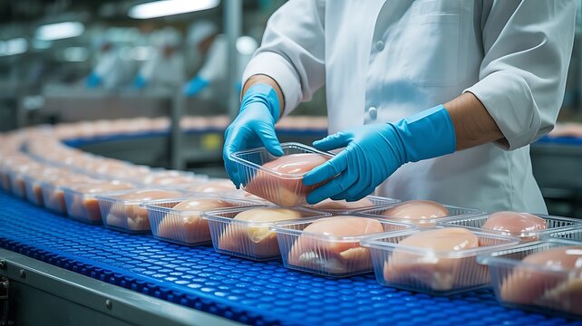 Food factory worker wearing white uniform and blue gloves placing raw chicken breast portions into plastic containers on a blue conveyor belt line
