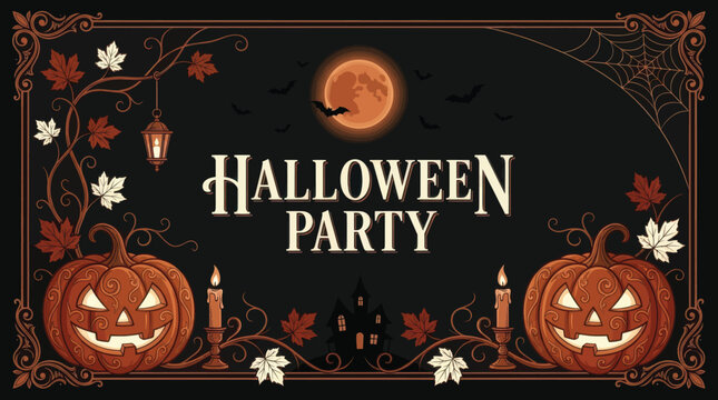 Halloween party vector illustration featuring grinning jack-o'-lanterns, carved pumpkins, spooky candles, antique lanterns, dark autumn leaves and full moon silhouettes