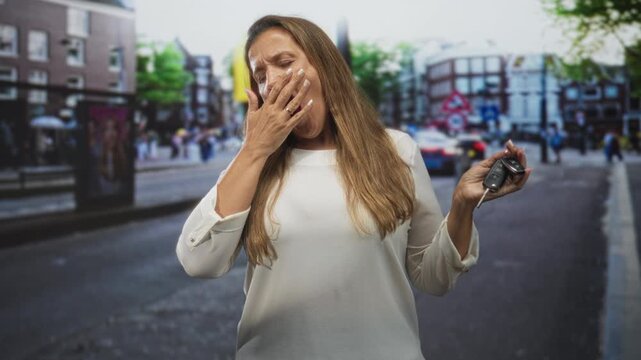Hispanic middle age woman yawns and covers mouth with hand while holding car keys on a busy street near buildings and passing cars; tiredness waiting delay.
