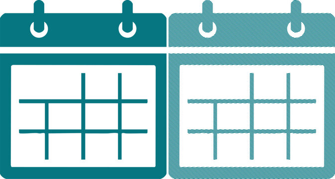 Two teal calendar icons, one solid and one with diagonal line pattern texture date time de
