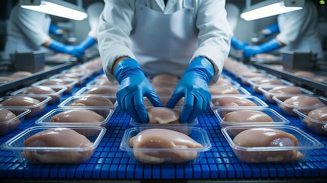 Food processing plant workers in white uniforms and blue gloves packaging raw chicken breasts into plastic containers on an automated conveyor belt