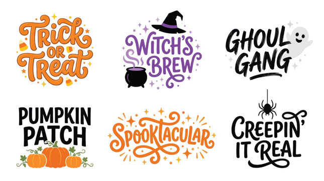 Halloween vector illustration badge set with playful typography quotes, spooky elements, vibrant orange, purple, and black colors