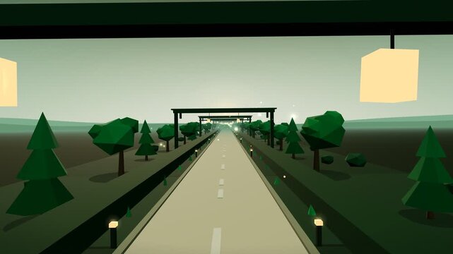 Low Poly Green Space Corridor With Street Lights Moving Forward