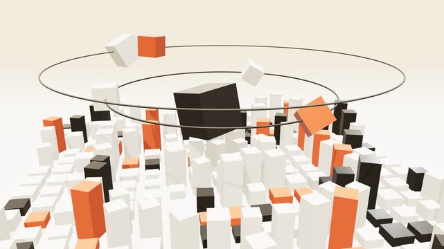 Abstract geometric cityscape with rotating black and orange cubes