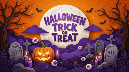 Fototapeta premium Spooky Halloween Night Landscape Featuring A Glowing Jack O Lantern Grave Markers And Full Moon Illustration