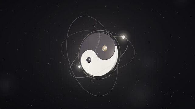 Abstract Yin Yang Symbol Orbiting with Quantum Particles Background