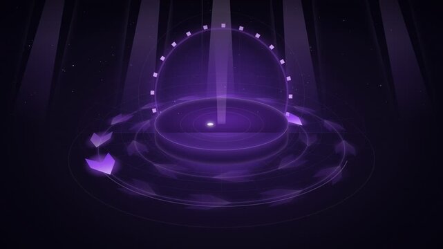 Purple futuristic stage with rotating neon arrows and glowing hud