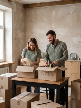 Happy couple packing cardboard boxes in their new home during residential relocation process