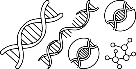 Fototapeta premium DNA Double Helix and Molecule Icon Set with Minimalist Black Outline Strands and Atom Nodes for Science Education Laboratory Research and Genetic Biotechnology Designs