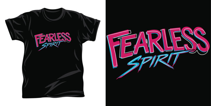 Fearless spirit graphic tee with pink retro brush typography and blue stroke highlights on black.