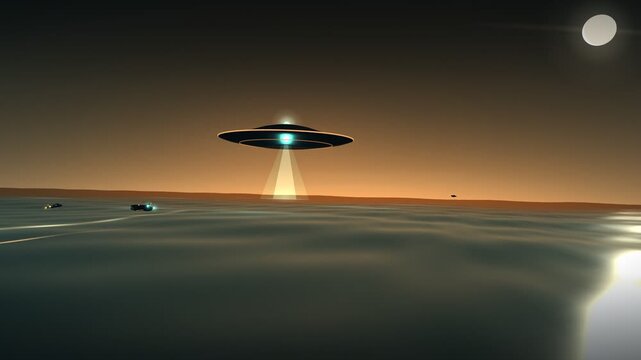 Unidentified Flying Object hovering above alien ocean surface with