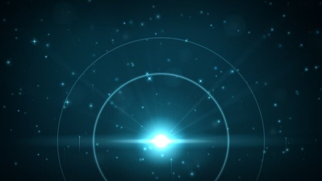 Mystical cyan glowing light tunnel with stars and concentric circles