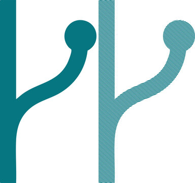 Two usb symbols, one solid teal and one with a diagonal striped pattern on white icon desi