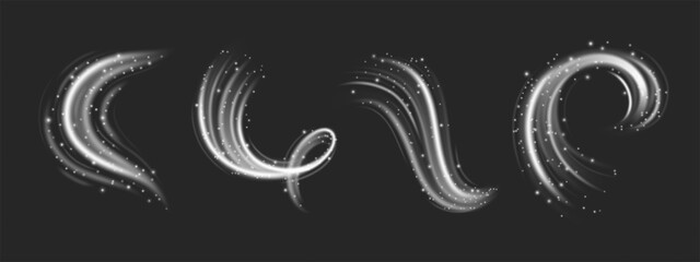 Fototapeta premium Realistic set of magic snow swirls isolated on black background. Vector illustration of frosty air flow with sparkling white particles and glitter effects, winter breeze vortex, fresh fragrance