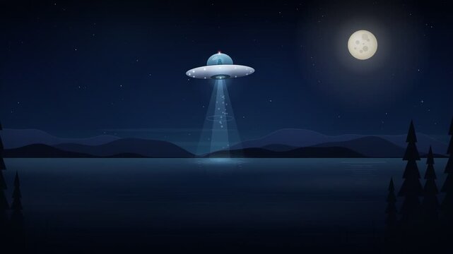 Mysterious alien UFO spaceship hovering over dark calm lake with