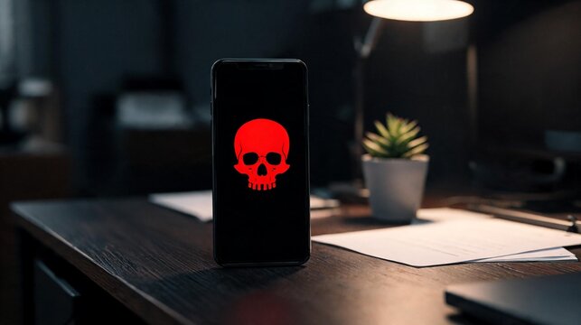 Hacker and cyber security threat, phone malware skull