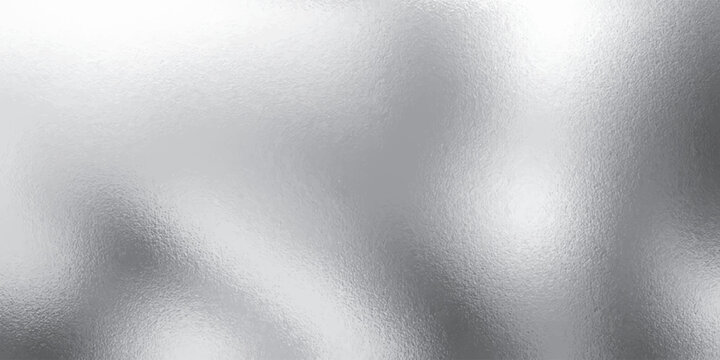Silver foil background with shiny metallic texture and chrome effect. Glossy aluminum surface with light reflections and abstract holographic pattern for modern design. Realistic vector glass backdrop