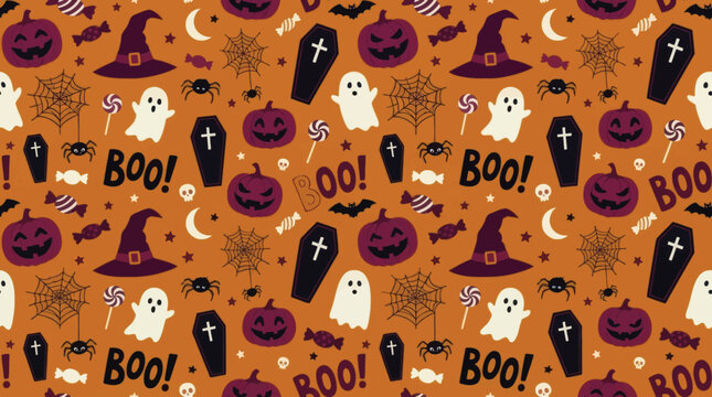 Seamless vector graphic pattern featuring spooky halloween icons like purple pumpkins, white ghosts, black coffins, bats, and colorful candy treats