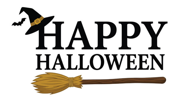 Happy Halloween vector graphic illustration featuring a witch hat, wooden broomstick, and flying bat on a clean white background design