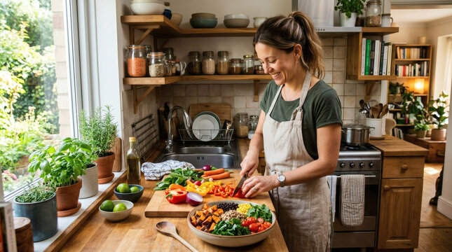 Woman happily preparing a healthy colorful salad in a bright kitchen