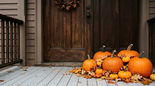 Autumn pumpkins and gourds arranged on a porch in front of a wooden door