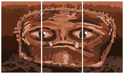 Abstract face. Sad troll. Modern interior triptych. The picture is painted by hand on a tablet. © neurostructure