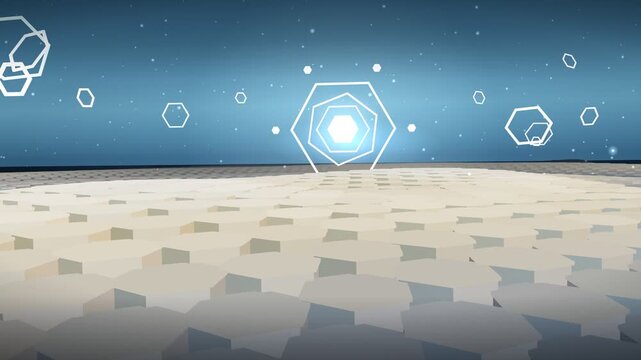 Futuristic Sci-Fi Hexagon Grid Surface with Glowing HUD Elements and