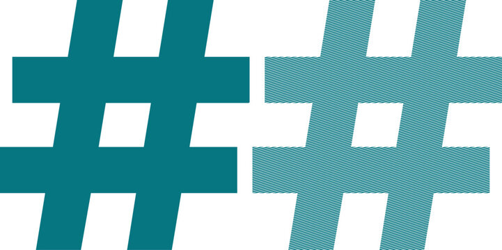 Two teal hashtag symbols, one solid and one filled with diagonal line patterns sign blue d