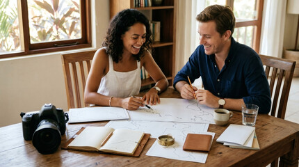 Fototapeta premium Couple planning a trip together looking at a world map and smiling