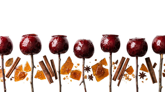 Candy apple cinnamon stick and star anise border on white background