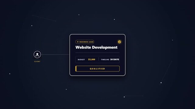 A premium SaaS visualization demonstrating a client request entering a business system, undergoing processing, and transforming into a qualified business lead. Features a deep navy environment, line-s