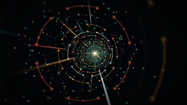 Abstract endless cyberspace data tunnel with glowing lights and