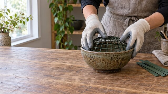 Gloved florist hands fit a rounded reusable wire support inside a pottery bowl before fastening it for a small floral arrangement at a wooden practice bench