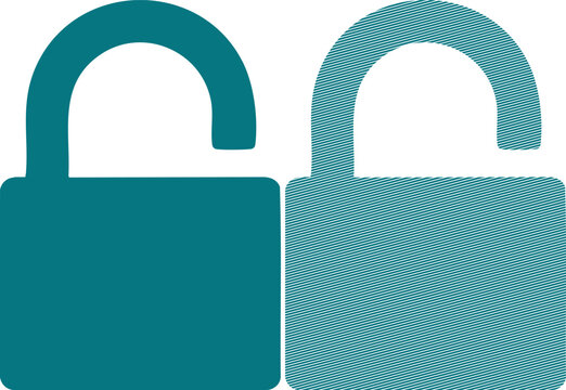 Two teal unlocked padlock icons, one solid and one with a diagonal line pattern fill