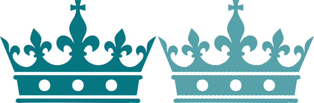 Two teal crowns, one solid and one with diagonal line hatching, isolated on white royal de