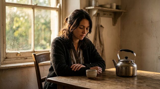 Thoughtful and melancholy middle-aged woman sitting alone in a rustic cottage kitchen with a hot cup of tea and a vintage kettle on a weathered wooden table